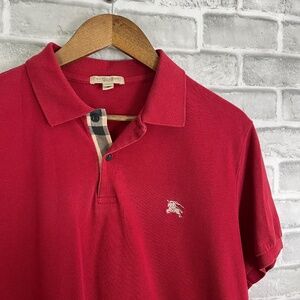 Burberry Brit Classic Red Embroidered Logo Plaid Trim Collared Polo Shirt Men XL